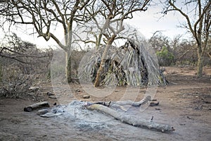 Hadzabe tribe family home and their fire place