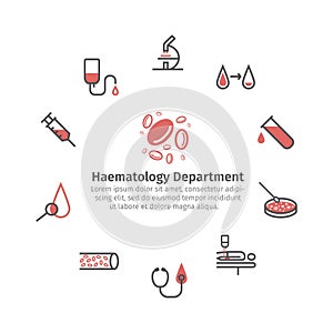Haematology round banner. Line icons. Hospital department. Health center. Vector sign for web graphics.