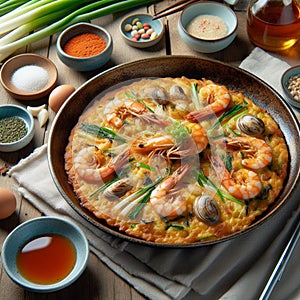 Haemul Pajeon, A savory pancake made with a variety of seafood, green onions, and batter, pan-fried until crispy