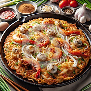 Haemul Pajeon, A savory pancake made with a variety of seafood, green onions, and batter, pan-fried until crispy