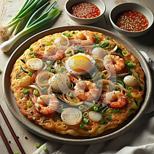 Haemul Pajeon, A savory pancake made with a variety of seafood, green onions, and batter, pan-fried until crispy