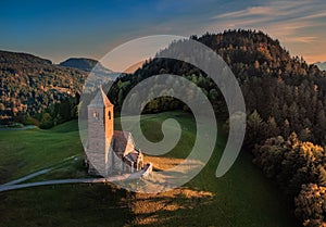 Hafling, Italy - Aerial view of the mountain church of St. Catherine Chiesa di Santa Caterina near Hafling - Avelengo