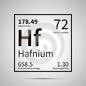 Hafnium chemical element with first ionization energy, atomic mass and electronegativity values ,simple black icon with