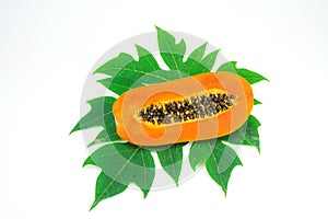 Haft cut papaya fruit and papaya leaf