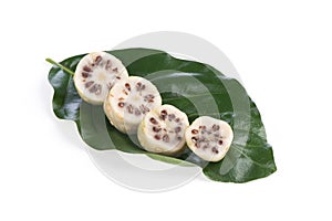 Haft noni fruits on branch green leaf isolated on white background