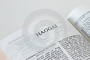 Haggai open Holy Bible Book close-up
