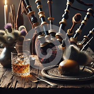 Haggis, whisky and bagpipes set on table with thistles ready for Burn\'s night