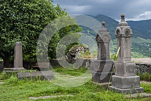 Haghpat, looking from inside out; note cross stones or khachkars on left and right