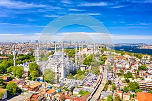 Hagia Sophia and Blue mosque in Sultanahmet district in Istanbul, Turkey. Aerial drone view