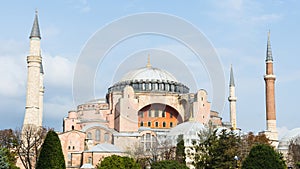 Hagia Sophia with blue sky backdrop, Istanbul, Turkey