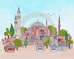 Hagia Sophia domes and minarets in the old city of Istanbul.