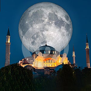 Hagia Sophia and Full moon. Ramadan or islamic or friday prayer background image