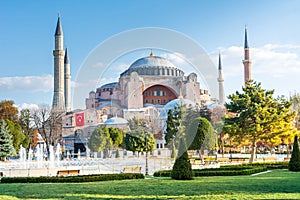 Hagia Sophia Holy Grand Mosque in the morning against blue sky in autumn in Istanbul, Turkey