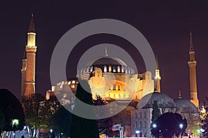 Hagia Sophia at night. This was a Greek Orthodox Christian cathedral, later an Ottoman mosque and a museum in the present day photo
