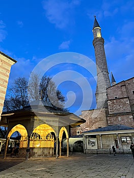 Hagia Sophia in old town Istanbul Turkey.  One of most tourist attractionunder evening blue sky