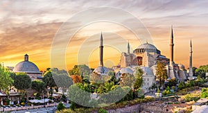 Hagia Sophia panoramic view at sunset, Istanbul, Turkey