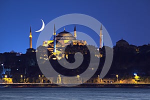 Hagia Sophia at the twilight with crescent moon in Istanbul, Turkey