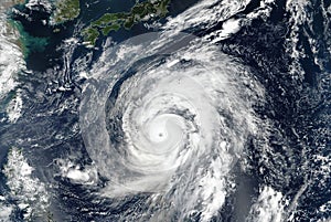 Hagibis super typhoon approaching the coast. The eye of the hurricane