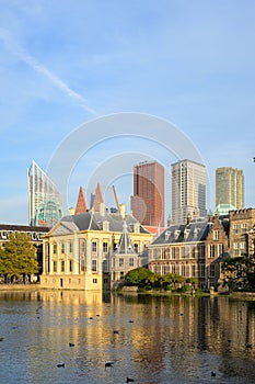 The Hague city, Den Haag, skyline under a early sunset lights