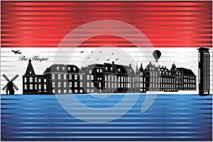 The Hague city skyline with flag of Netherlands on background