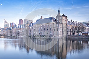 The Hague - February 17 2019: The Hague, The Neherlands. Binnenhof castle, Dutch Parliament, with the Hofvijver lake