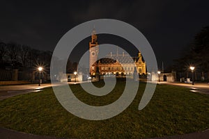 The Hague - January 18 2019: The Hague, The Netherlands. Peace Palace Dutch: vredespaleis at dusk. The Hague in the