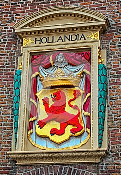 Symbol HOLLANDIA on the building in the city The Hague, Netherlands