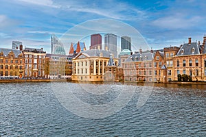 Hague, Netherlands Binnenhof parliament and Hofvijver lake