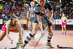 The Hague, Netherlands - FEBRUARY 16, 2020: Charlie works EuroHockey Indoor Club Cup 2020 Women. Final match Dusseldorfer HC GER