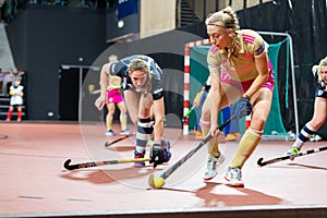 The Hague, Netherlands - FEBRUARY 16, 2020: Charlie works EuroHockey Indoor Club Cup 2020 Women. Final match Dusseldorfer HC GER