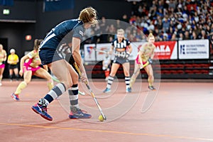The Hague, Netherlands - FEBRUARY 16, 2020: Charlie works EuroHockey Indoor Club Cup 2020 Women. Final match Dusseldorfer HC GER