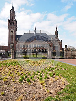 The Hague, Netherlands - 2015, March 22: The Peace palace and forecourt, administrative building and library, home of the