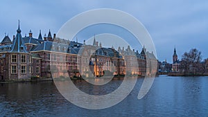 The Hague\'s Binnenhof with the Hofvijver lake at dusk, Den Haag, Netherlands