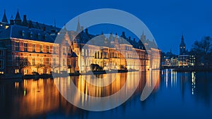 The Hague\'s Binnenhof with the Hofvijver lake at dusk, Den Haag, Netherlands