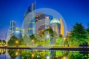 The Hague Skyscrapers Skyline at Blue Hour in The Netherlands.