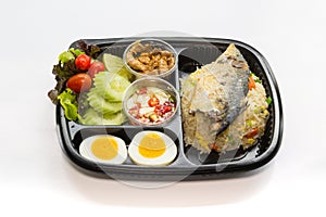 Hai food lunch box in plastic packages, Authentic Thai mackerel fried rice