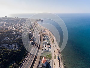 Haifa City in Israel. Cityscape, Drone Point of View. Mideterranean Sea in Background