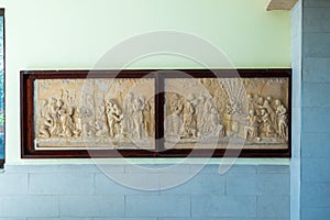 Muhraka monastery of the Carmelite on the Carmel mount . Bas-relief depicting the priests of Baal at