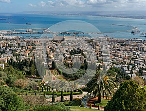 HAIFA, ISRAEL-MARCH 25, 2018: View from the top to The Terraces of the Bahai Faith at spring time.