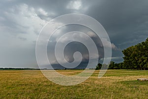 Hail shaft and wall cloud of a supercell thunderstorm