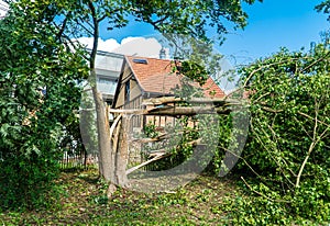 Hail storm effects in Germany. A city park in Bavaria. Broken trees after the storm. Destruction in the city.