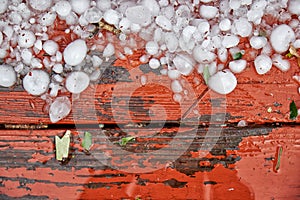 Hailstones on wood