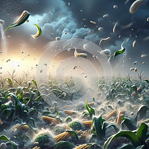 A hailstorm pounding a field of crops, with hailstones damagin