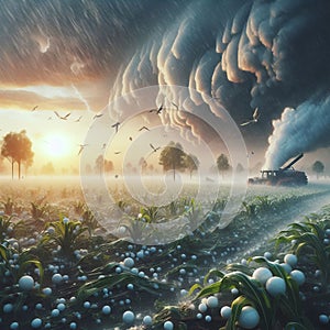 A hailstorm pounding a field of crops, with hailstones damagin photo