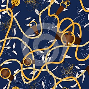 Ð¡hain seamless vector pattern on dark blue background with fashion floral design