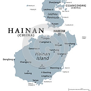 Hainan, southernmost province of China, PRC, gray political map