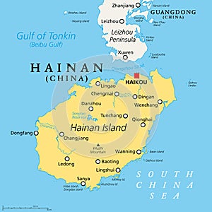 Hainan, southernmost province of China, PRC, political map