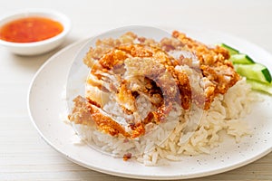 Hainanese chicken rice with fried chicken