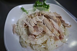 Hainanese chicken rice or rice steamed with chicken soup on white plate