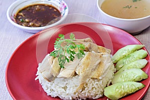 Hainanese Chicken Rice with sauce and soup